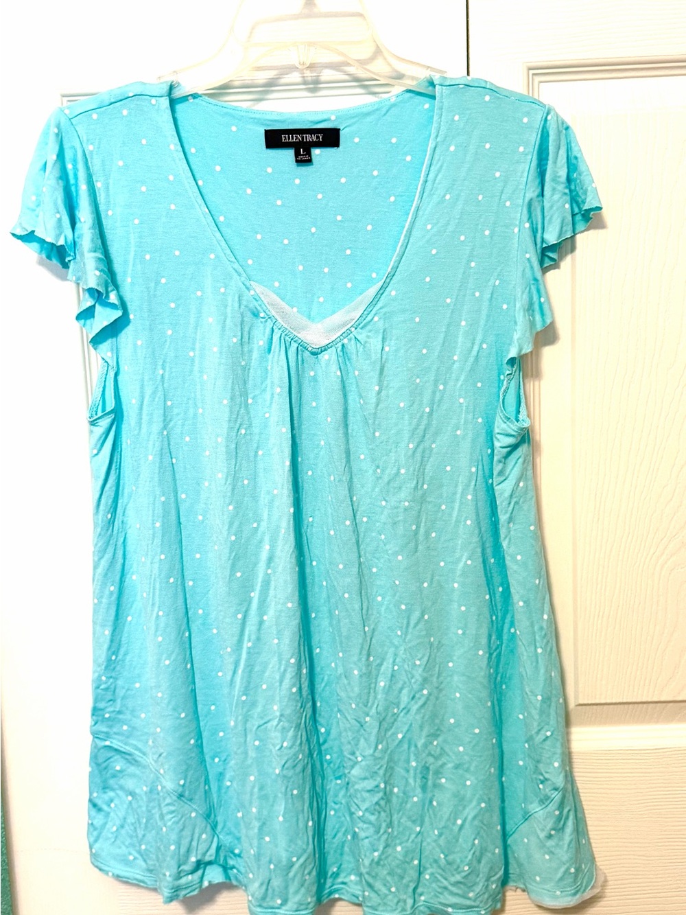 Ellen Tracy Women Aqua Blue White Polka Ruffle Sleeve Sleep Pajama Top~ Lg~EUC